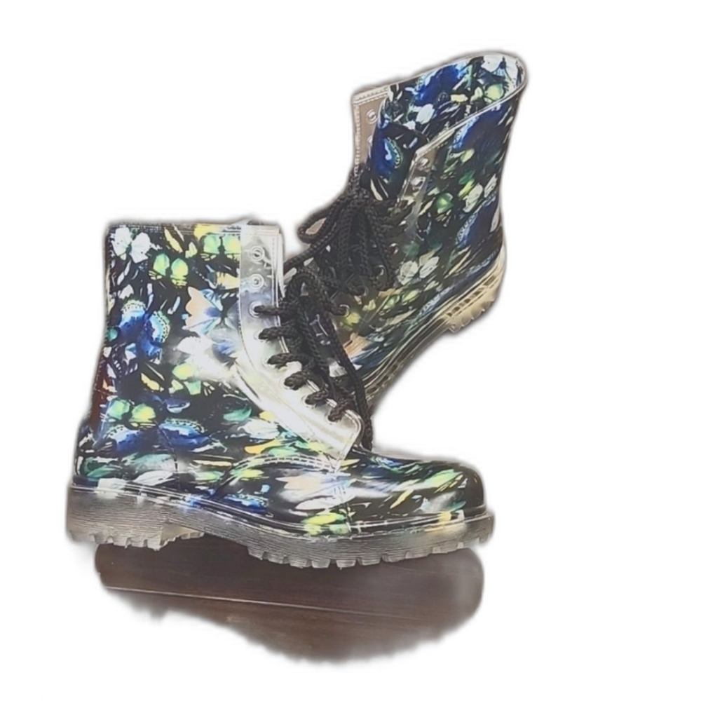 NWOT Rain boots size 8 Doc Marten type style Butterfly print bright colored